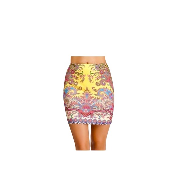 Bebe Yellow Paisley Skirt Womens Size S Stretch Pull On Vibrant Colorful Mini - Picture 8 of 8